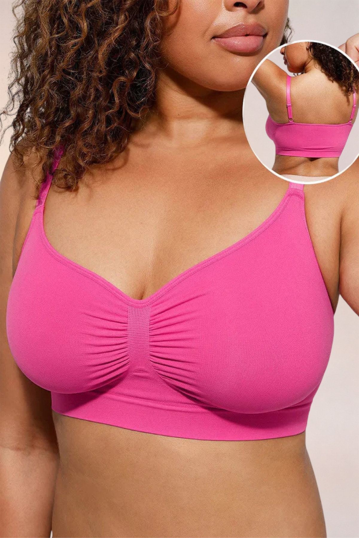 Skinzform Soutien Bra in Rose, front view with an inset detail of the back