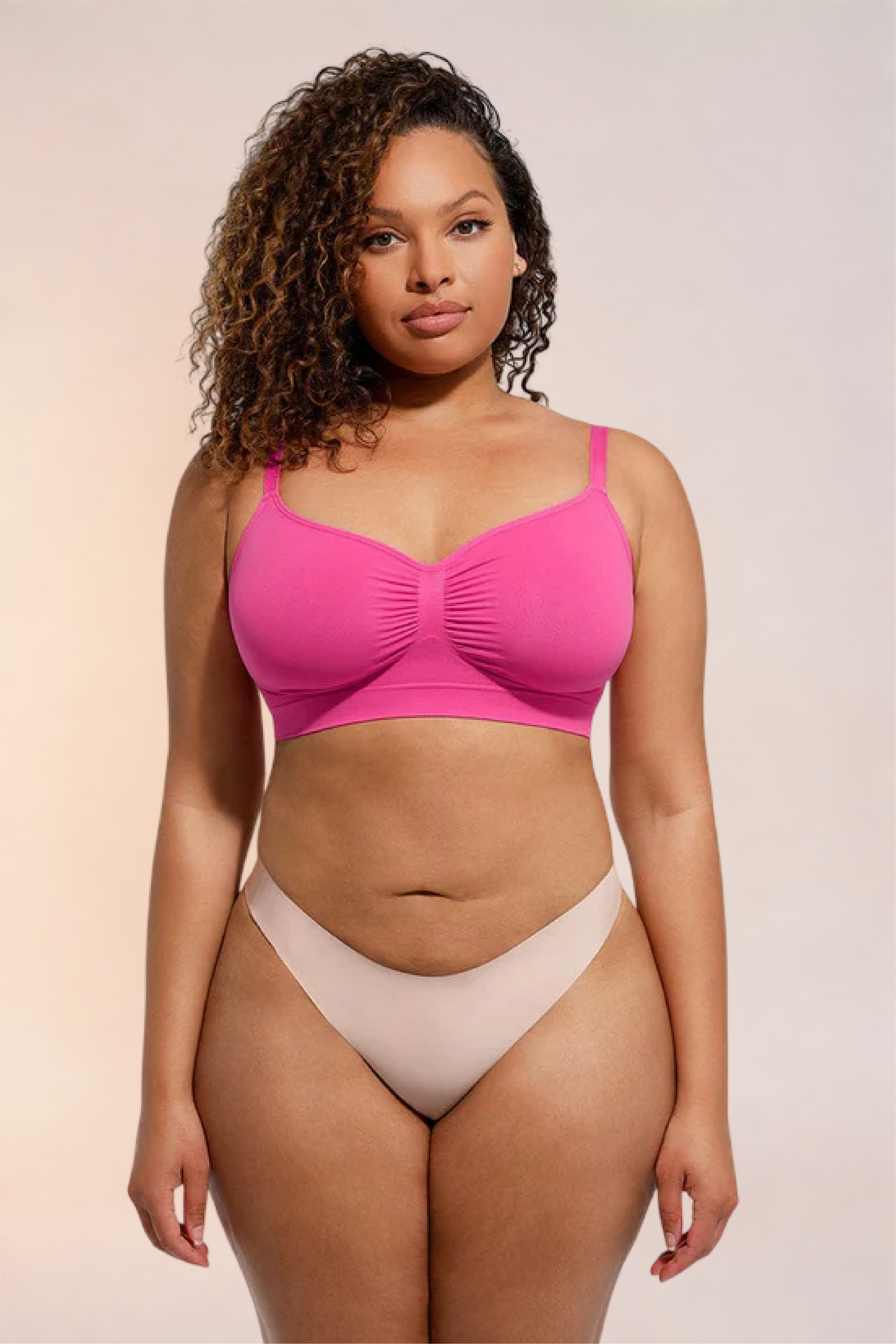 Skinzform Soutien Bra in Rose - wireless bralette with ruched centre, half-length front view