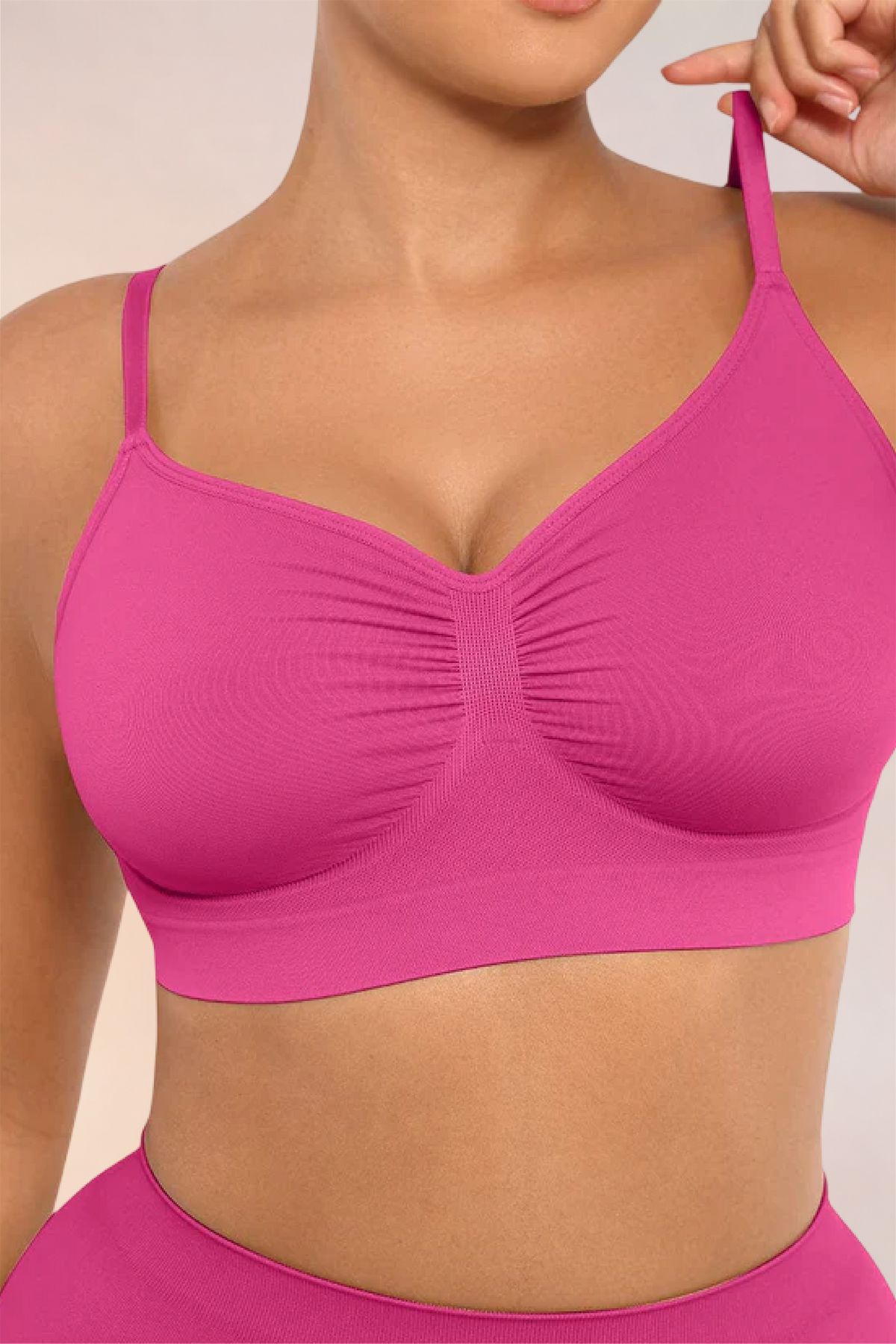 Close-up of the ruched centre front on the Skinzform Soutien Bra in Rose