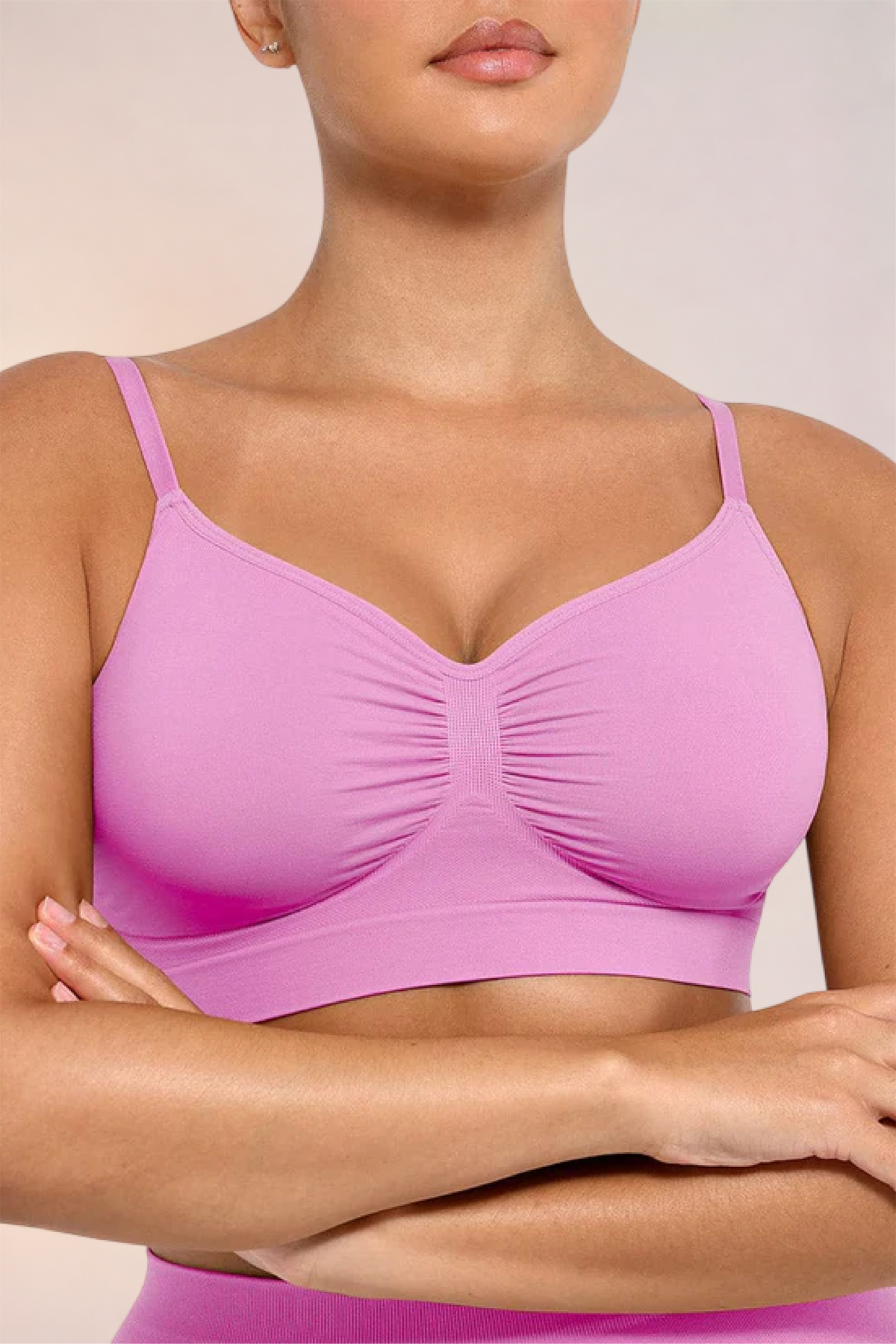 Close-up of the ruched centre front on the Skinzform Soutien Bra in Soft Pink