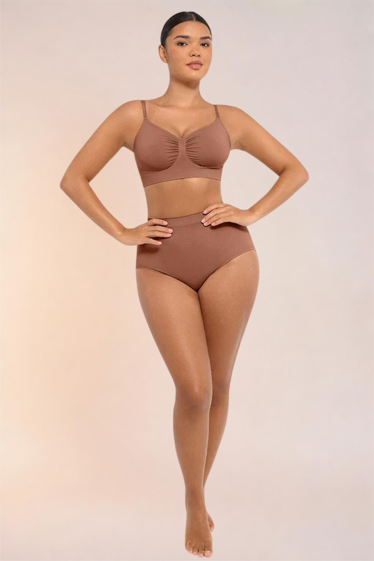 Skinzform Soutien Bra in Tan - full-length front view on the model