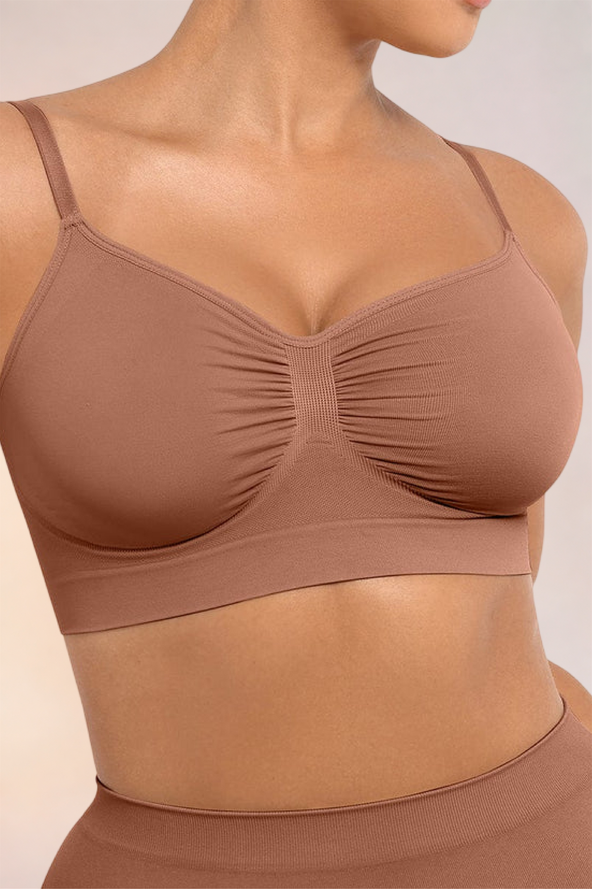 Close-up of the ruched centre front on the Skinzform Soutien Bra in Tan