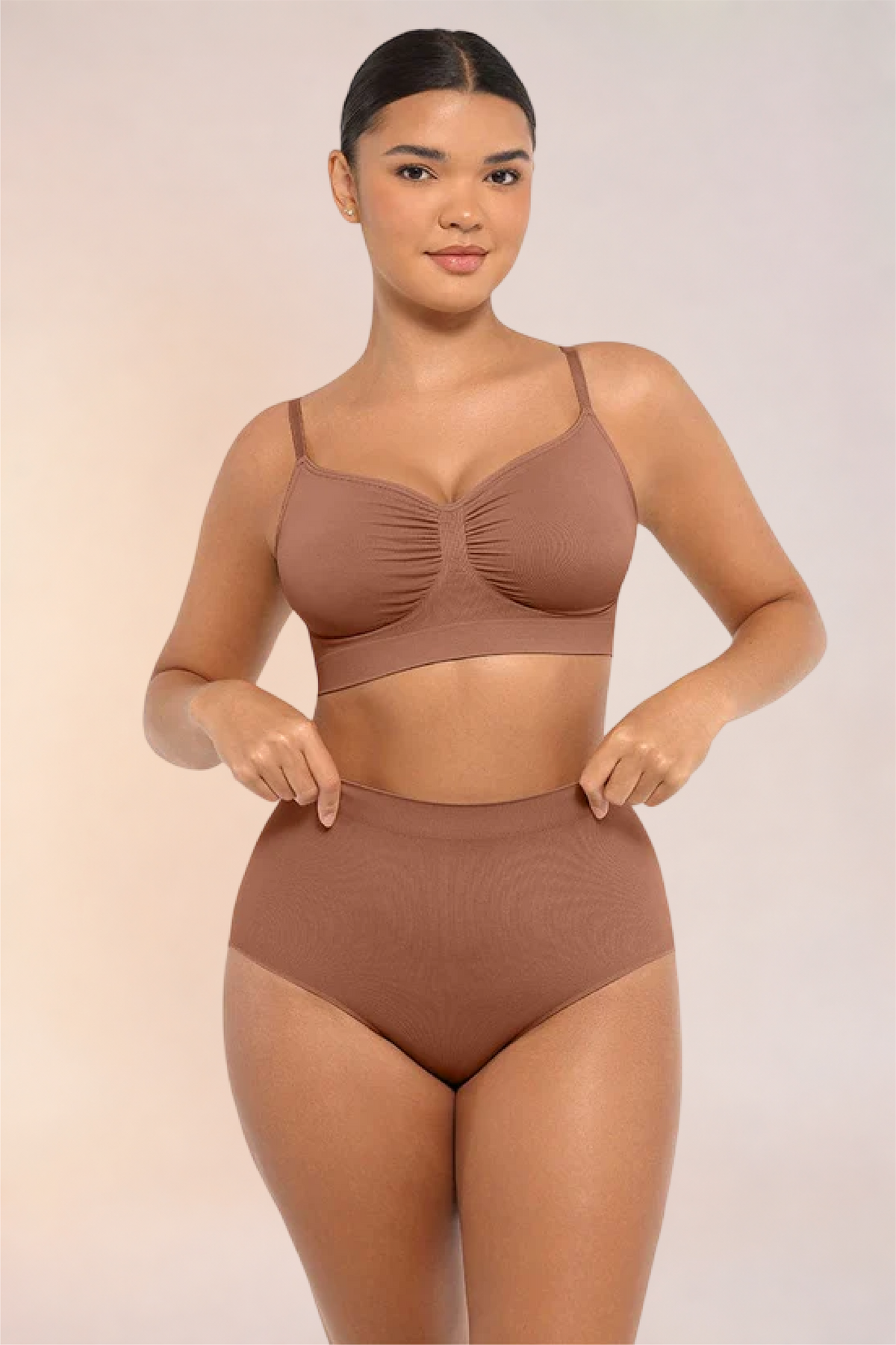 Skinzform Soutien Bra in Tan - wireless bralette with ruched centre, half-length front view