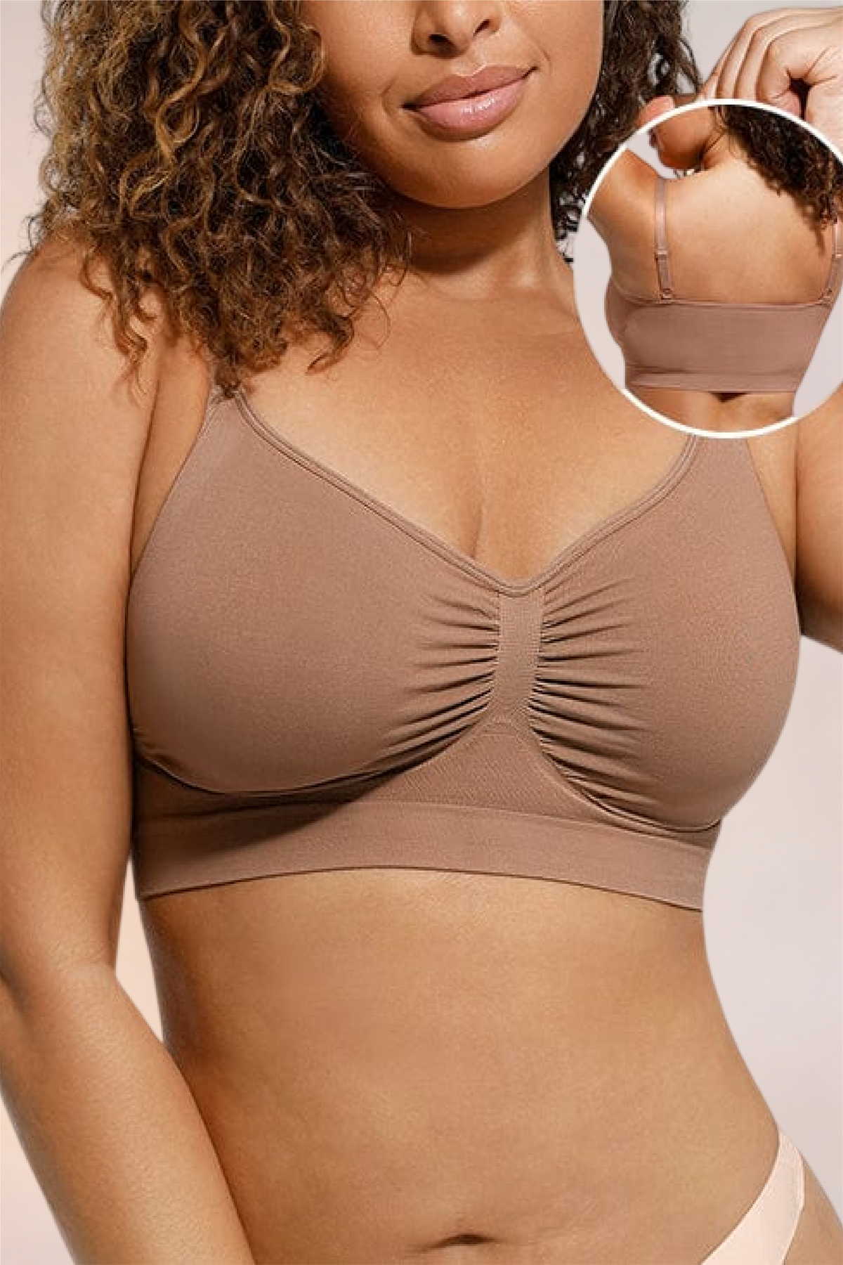 Skinzform Soutien Bra in Tan, front view with an inset detail of the back