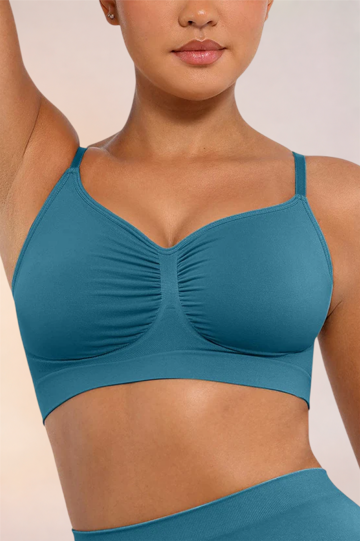Close-up of the ruched centre front on the Skinzform Soutien Bra in Teal