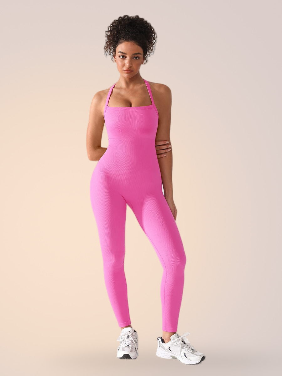 Skinzform Sport Jumpsuit in Rose - square-neck jumpsuit with thin straps, front view