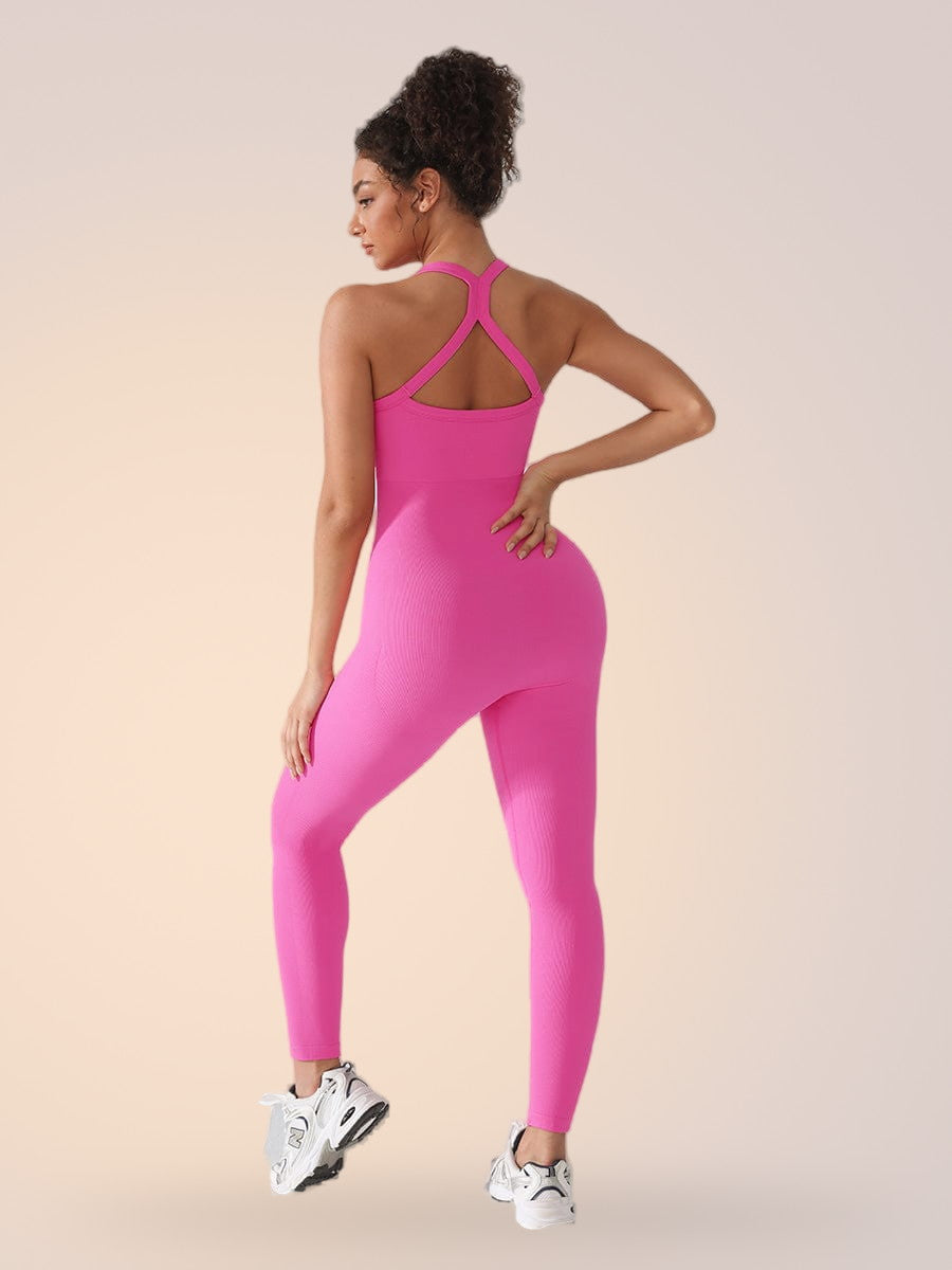 Skinzform Sport Jumpsuit in Rose - square-neck jumpsuit with thin straps, front view