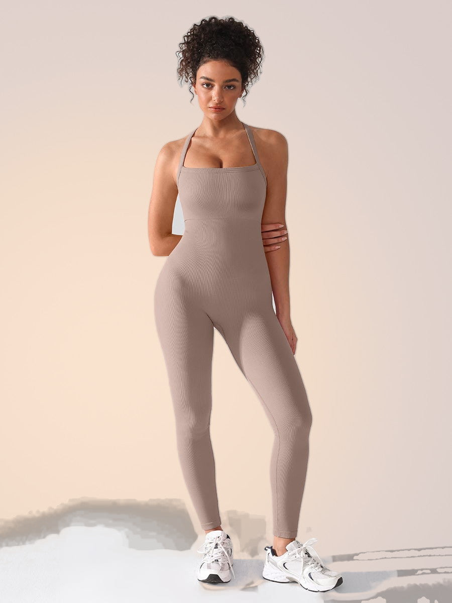 Skinzform Sport Jumpsuit in Taupe, front view on the model