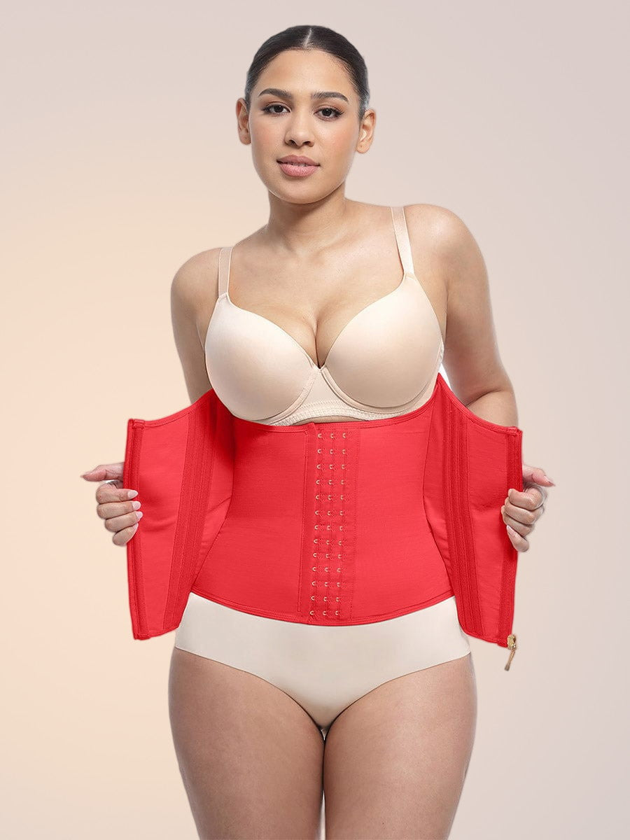 Skinzform Steel Trainer in Rouge - model holding the trainer open before fastening