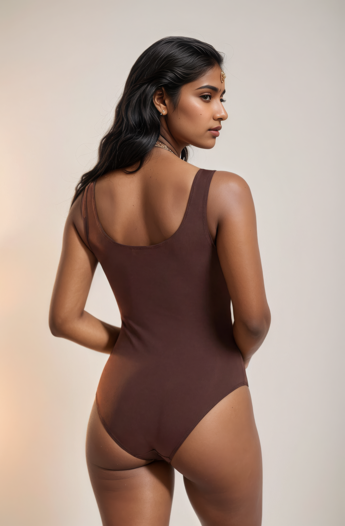 Skinzform Urban Bodysuit in Cacao, back view - thong cut and scoop back