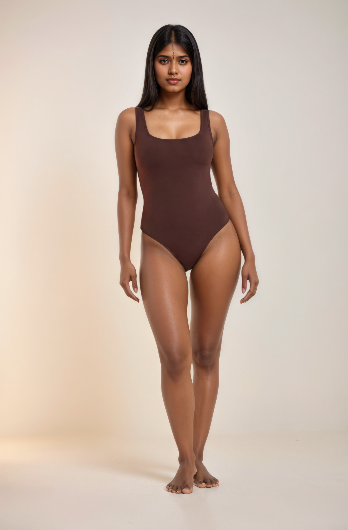 Skinzform Urban Bodysuit in Cacao - square-neck sleeveless thong bodysuit, full-length front view