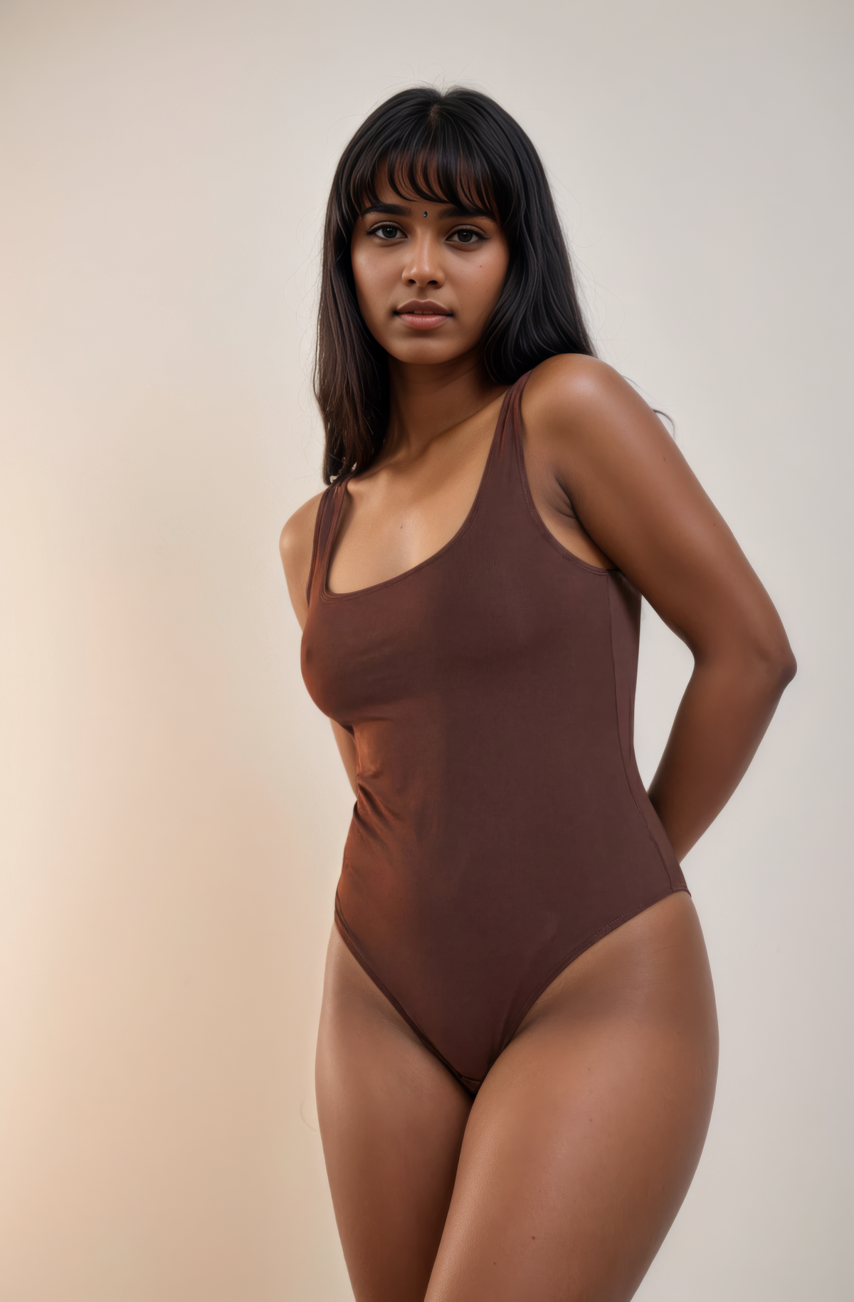 Skinzform Urban Bodysuit in Cacao, half-length front view on the model