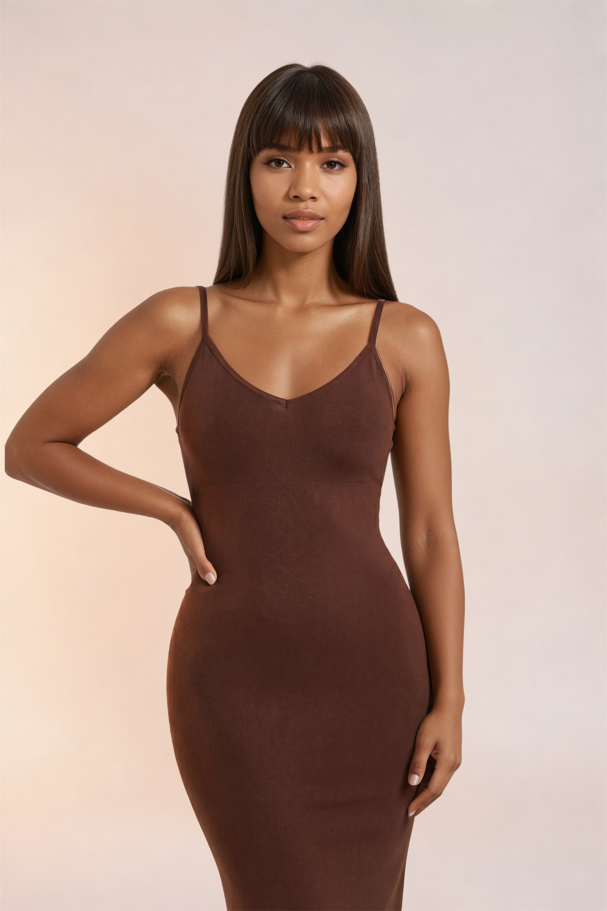 Skinzform Venus Dress in Cacao - ribbed cami midi dress, front view on the model