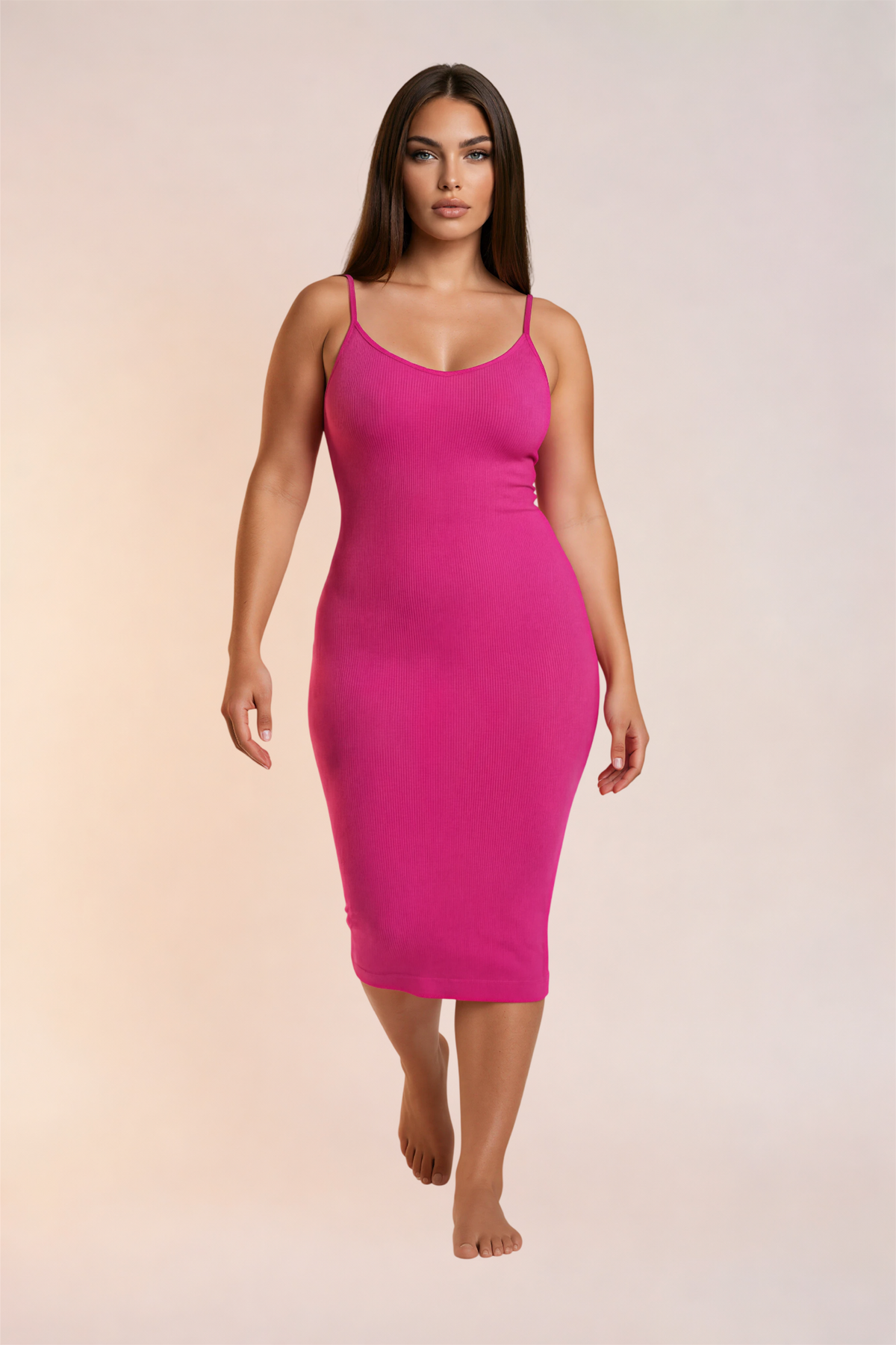 Skinzform Venus Dress in Rose - model stepping forward, full-length front view